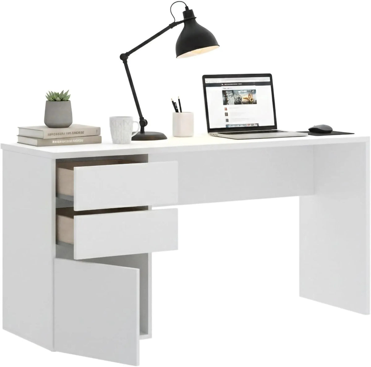 Bureau Multifonction Lagoni avec Tiroirs et Porte - 139x60x75 cm, Blanc