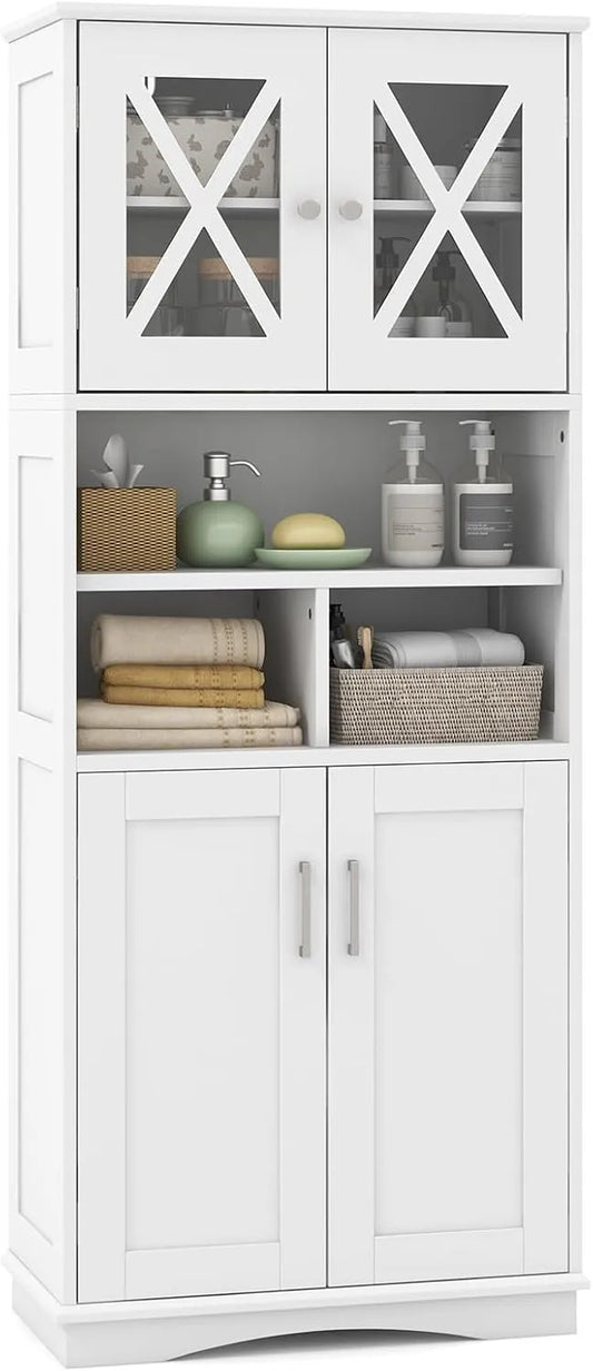 Armoire de Rangement Autoportante 145 cm avec Portes Acryliques et Compartiments Ouverts - Blanc