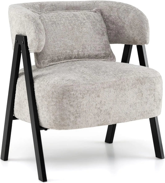 Fauteuil Scandinave en Fausse Fourrure avec Coussin Lombaire, Chaise Confortable à Pieds en Métal pour Salon, Chambre et Bureau, Assise Large (Gris)