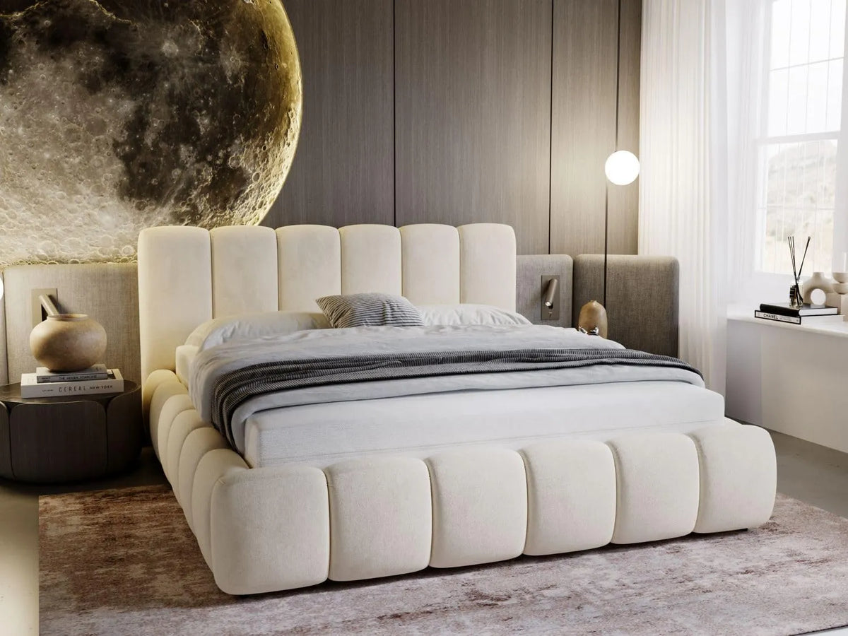 Lit Double 200x200 en Velours Beige avec Tête de Lit et Sommier à Lattes