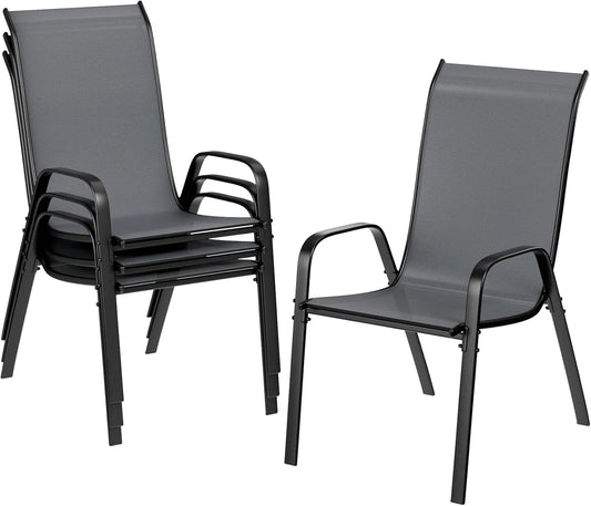 Lot de 4 chaises de jardin empilables avec dossier haut en acier textilène, gris foncé, 150 kg