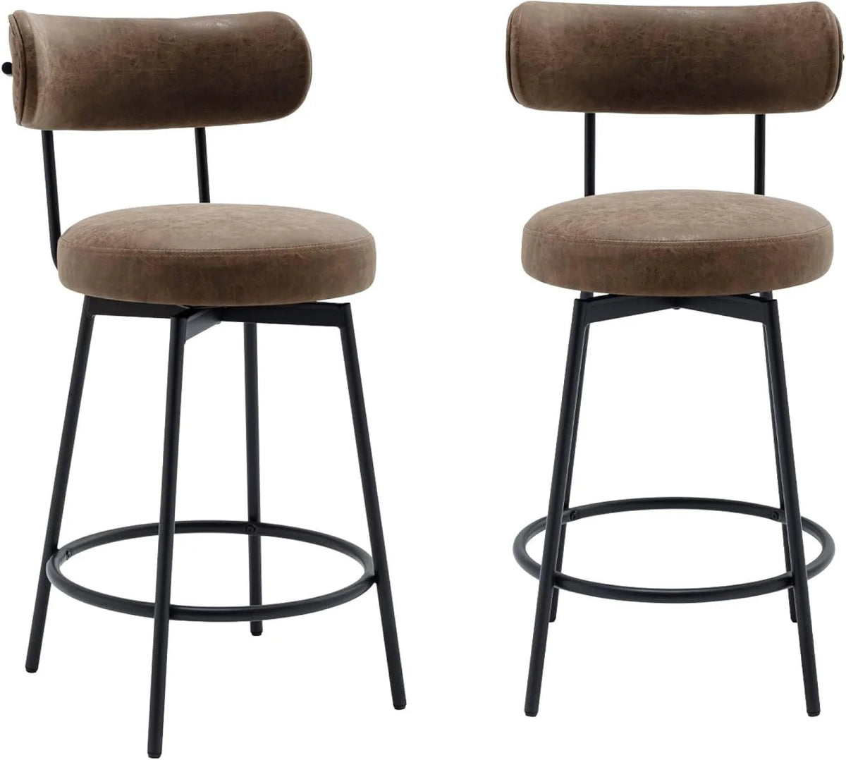 Tabourets de Bar Noirs et Marron en Métal et Similicuir - Lot de 2, Assise Rotative, 50x50x92cm