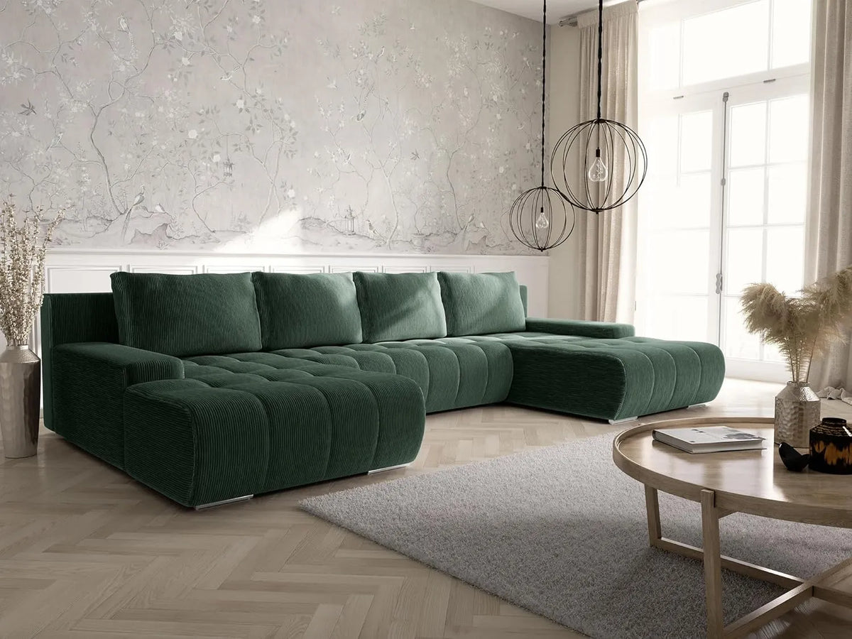 Canapé d'Angle Convertible en Velours avec Coffre de Rangement - Vert