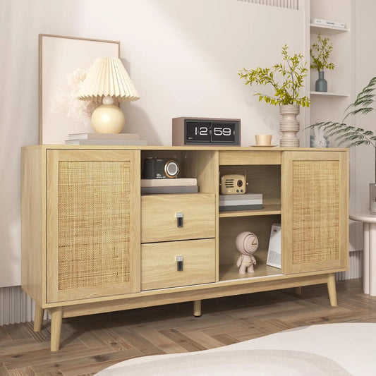Buffet en Bois avec Cannage, 3 Portes Coulissantes et 2 Tiroirs, pour Salon et Salle à Manger, 155 x 38 x 80 cm
