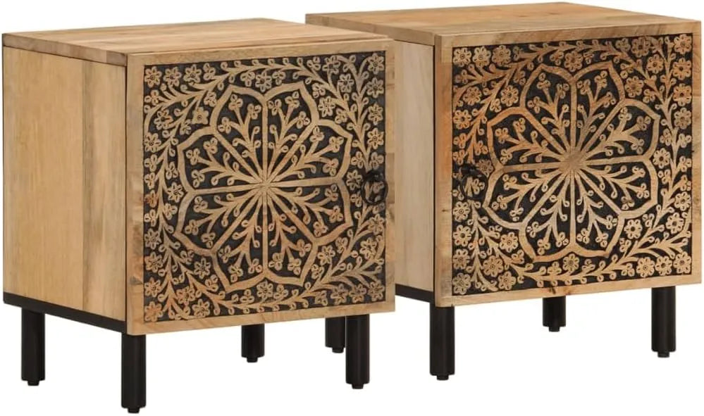 Ensemble de 2 Tables de Chevet Rétro en Bois de Manguier Massif avec Porte