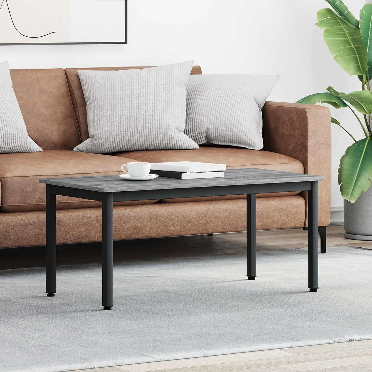 Table basse moderne en bois gris avec pieds métalliques 100 x 50 x 45 cm - Design rectangulaire et durable pour salon