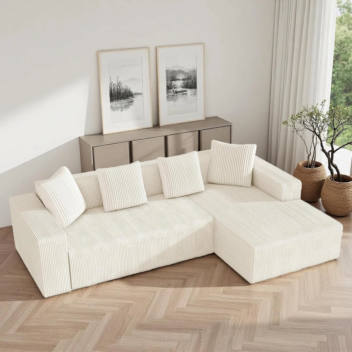 Canapé d'angle modulable 3 places en L avec méridienne, sans montage requis, blanc