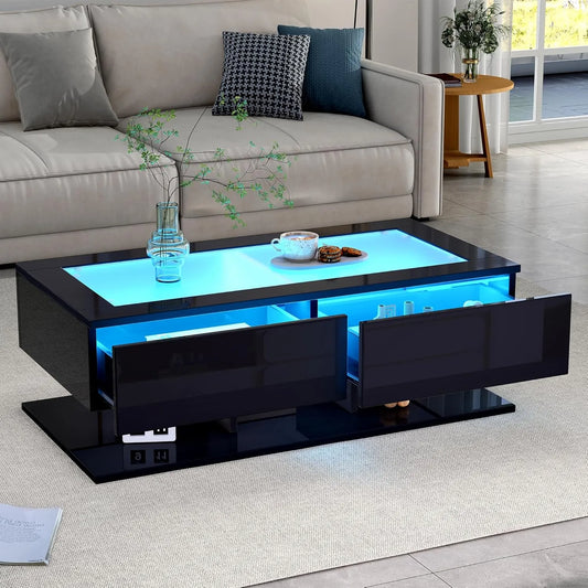 Table basse design rectangulaire avec éclairage LED et espace de rangement, plateau en verre brillant, noir 100x50x35 cm