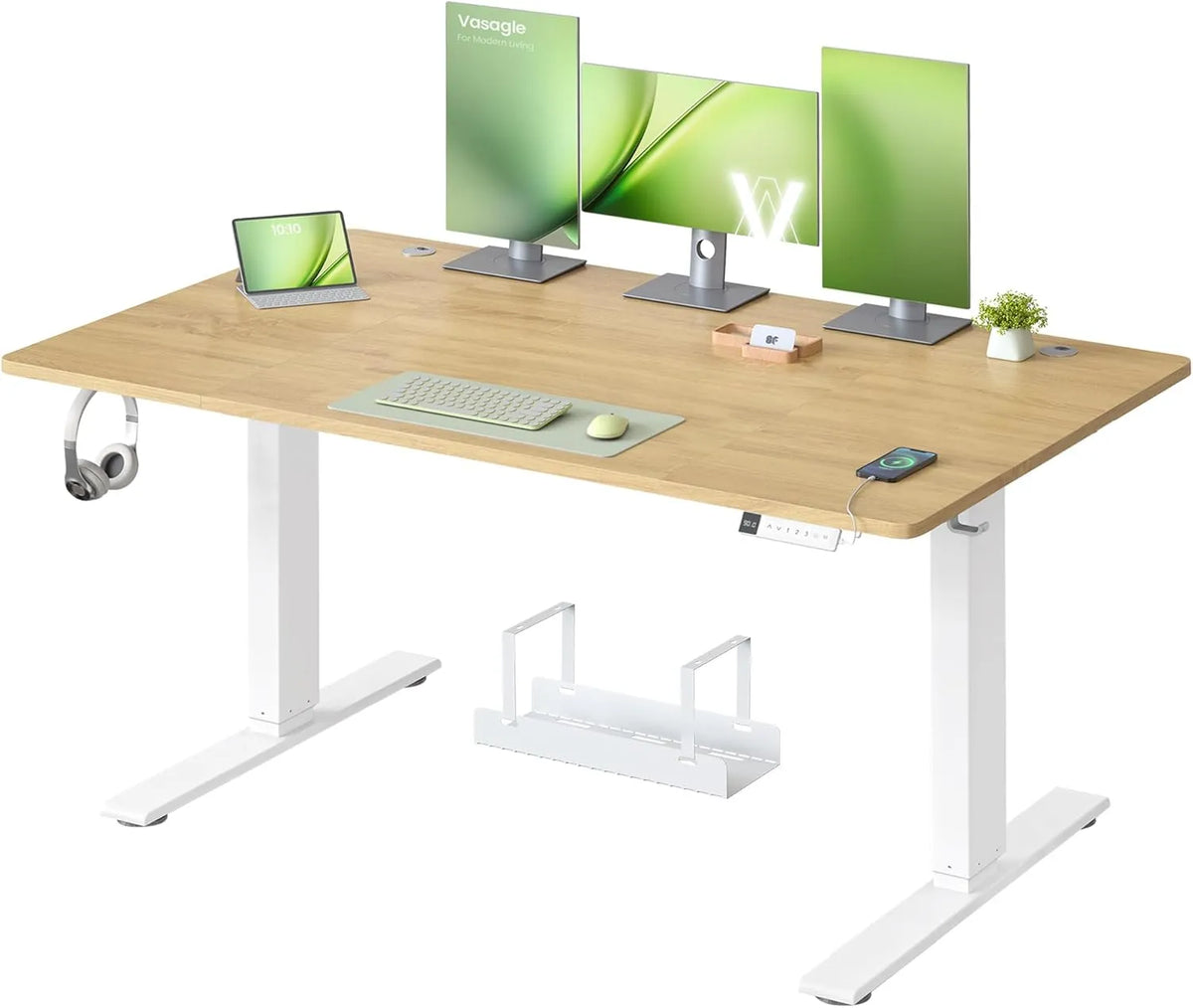 Bureau Électrique Réglable, 140 x 80 cm, Port USB-C, Mémoire 3 Hauteurs, Chêne Naturel