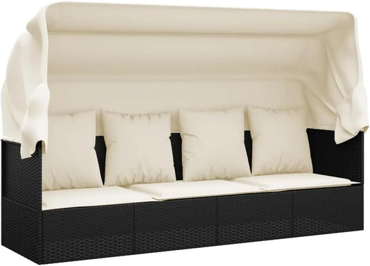 Lit de jardin en résine tressée noire avec toit et coussins