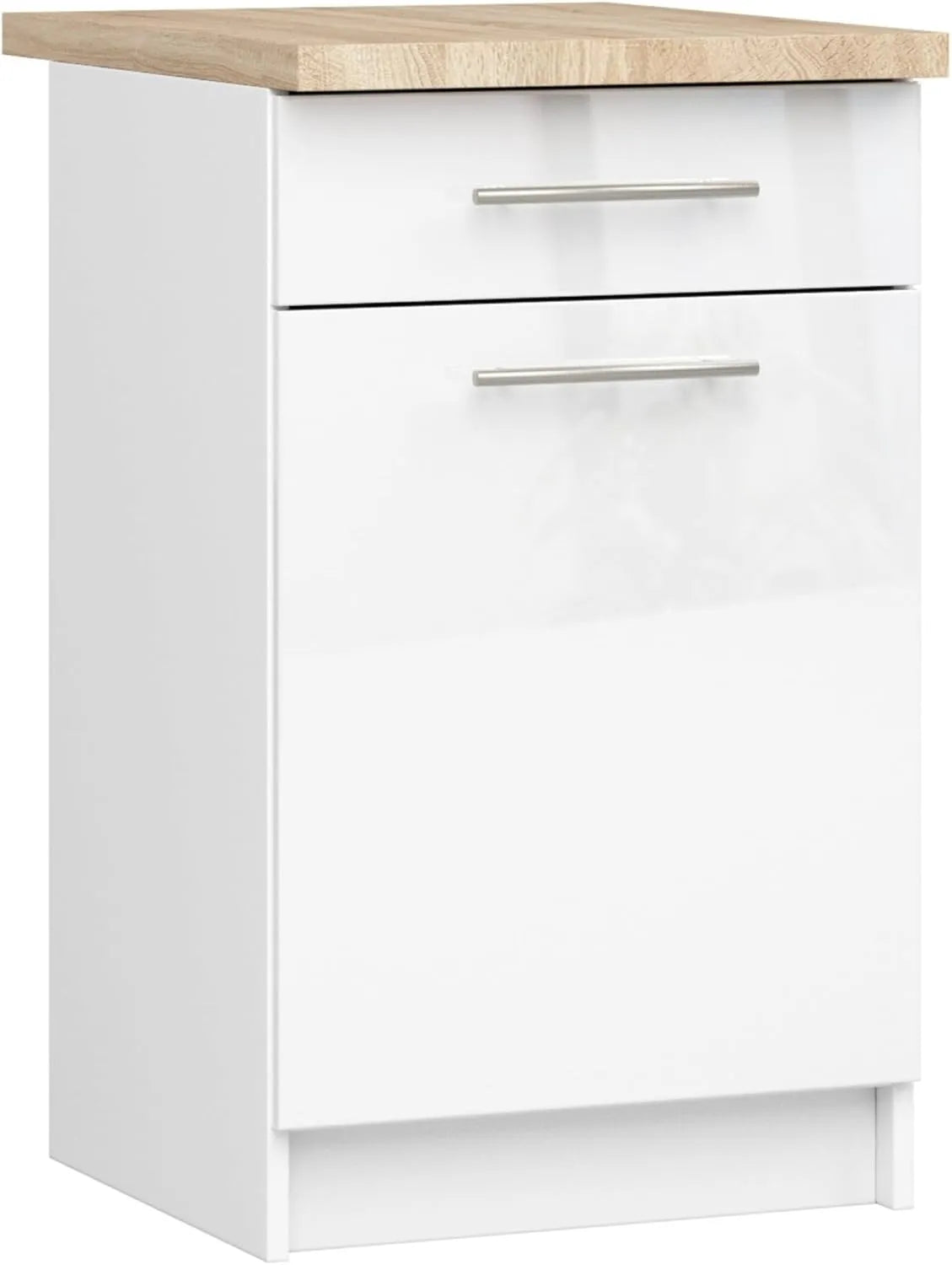 Meuble Bas de Cuisine 50 cm Large avec Tiroir et Étagères - Blanc Brillant