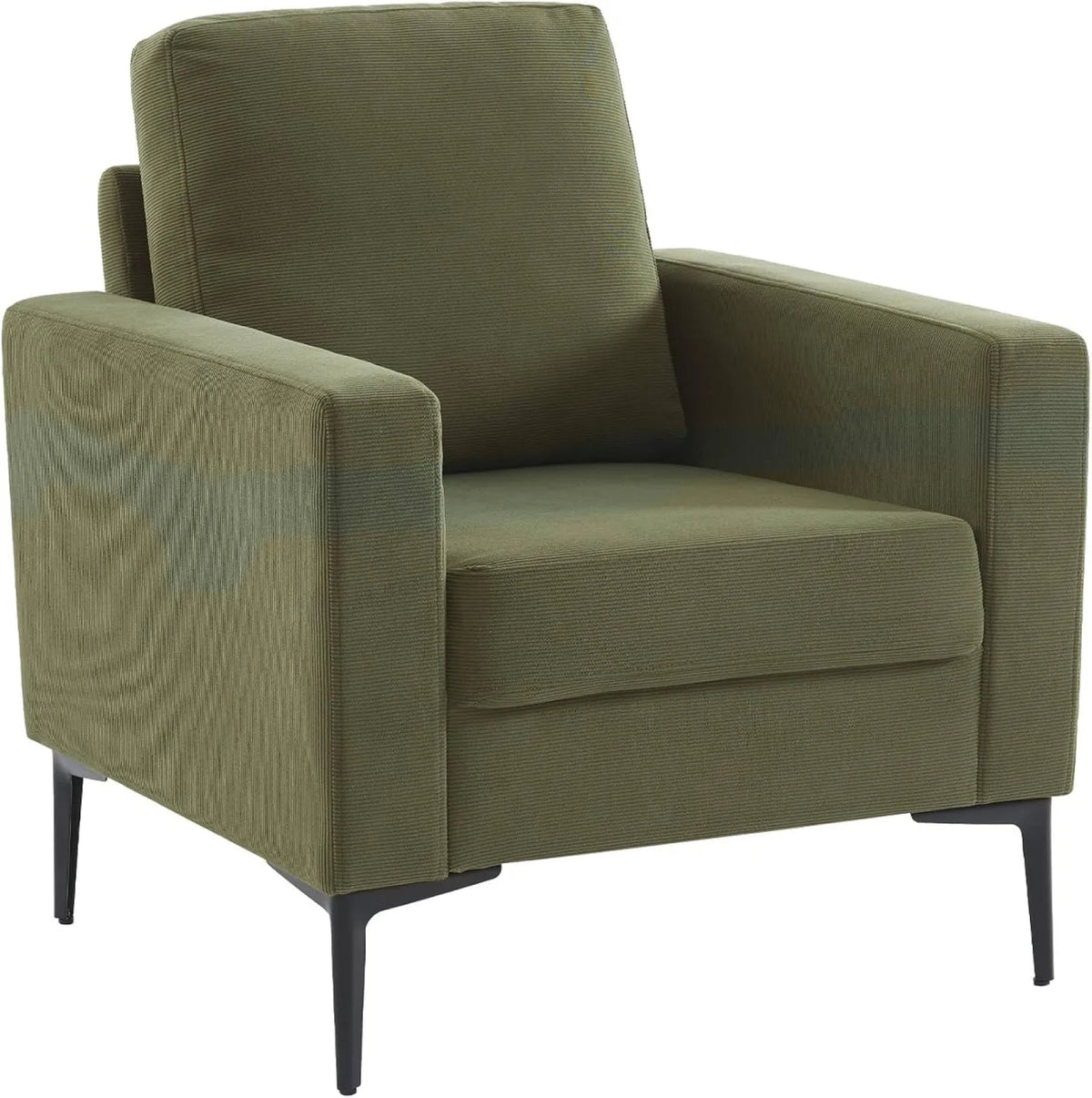 Fauteuil en Velours Côtelé Vert Kaki - Modèle Bjorn - Siège Unique avec Pieds Métalliques