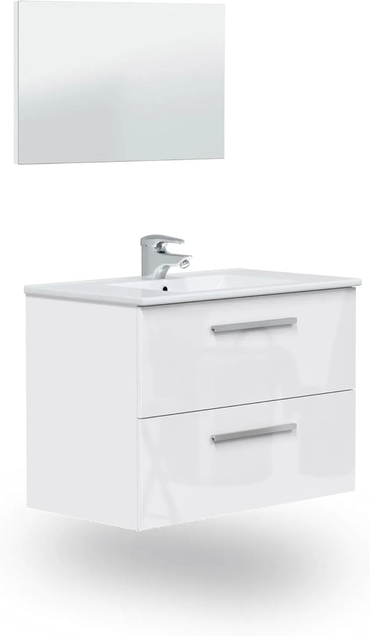 Meuble de Salle de Bain Suspendu avec Tiroirs et Miroir, Blanc Brillant, 80x60x45 cm