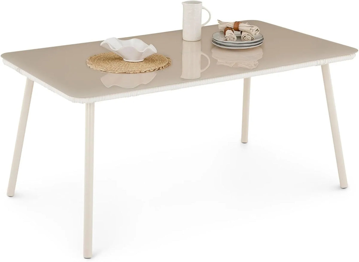 Table de Jardin en Aluminium Beige 160 cm pour 6 Personnes avec Plateau en Verre Trempé