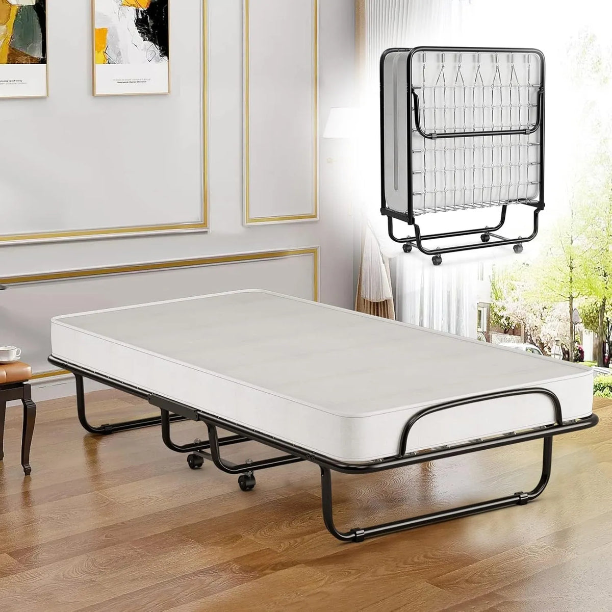 COSTWAY Lit Pliant 1 Place avec Matelas Mémoire 10 cm, Capacité 120 kg, Lit d'Appoint à Roulettes, Structure Métal pour Invités, Blanc