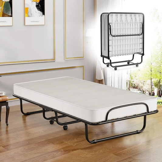 COSTWAY Lit Pliant 1 Place avec Matelas Mémoire 10 cm, Capacité 120 kg, Lit d'Appoint à Roulettes, Structure Métal pour Invités, Blanc