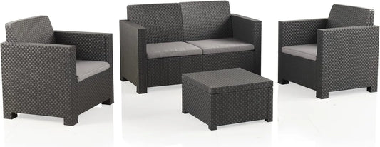 Ensemble de Salon de Jardin 4 Places en Résine Tressée Anthracite - Table Basse, 2 Fauteuils, Canapé 2 Places