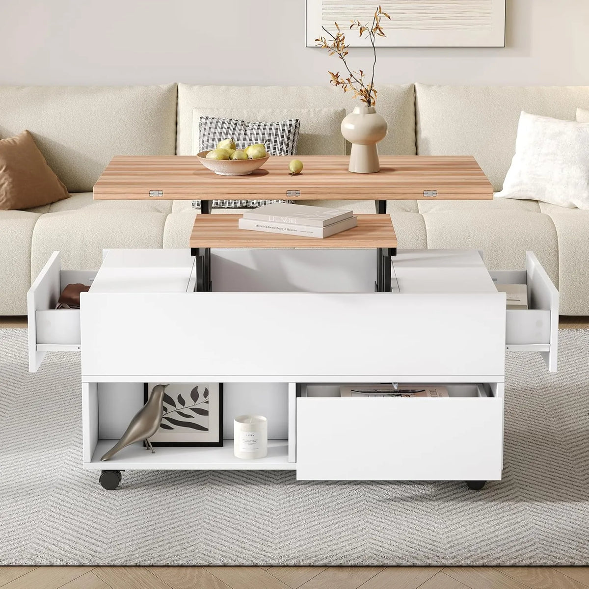 Table basse multifonctionnel blanc et bois avec roulettes et rangement 100x50x52cm