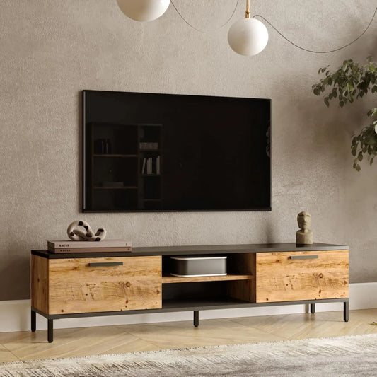 Buffet TV en Bois et Métal avec Portes, Espace de Rangement et Passages de Câbles, Design Moderne 160 cm