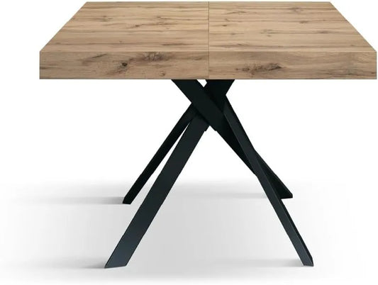 Table à rallonge Leonardo, pieds croisés noirs, chêne rustique, fabriquée en Italie, pour cuisine et salle à manger, 95 x 90 x 76 cm