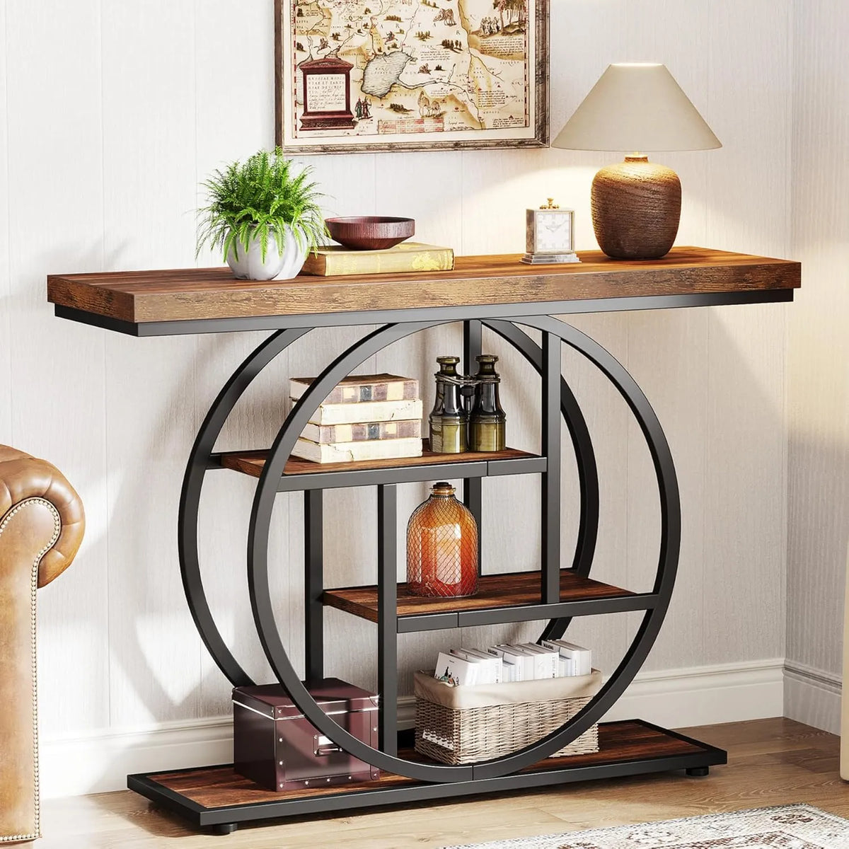 Console Industrielle Tribesigns 105 cm, Tablette Escalier à 4 Niveaux, Design avec Étagères de Rangement en Bois pour Salon et Entrée (Marron Rustique)