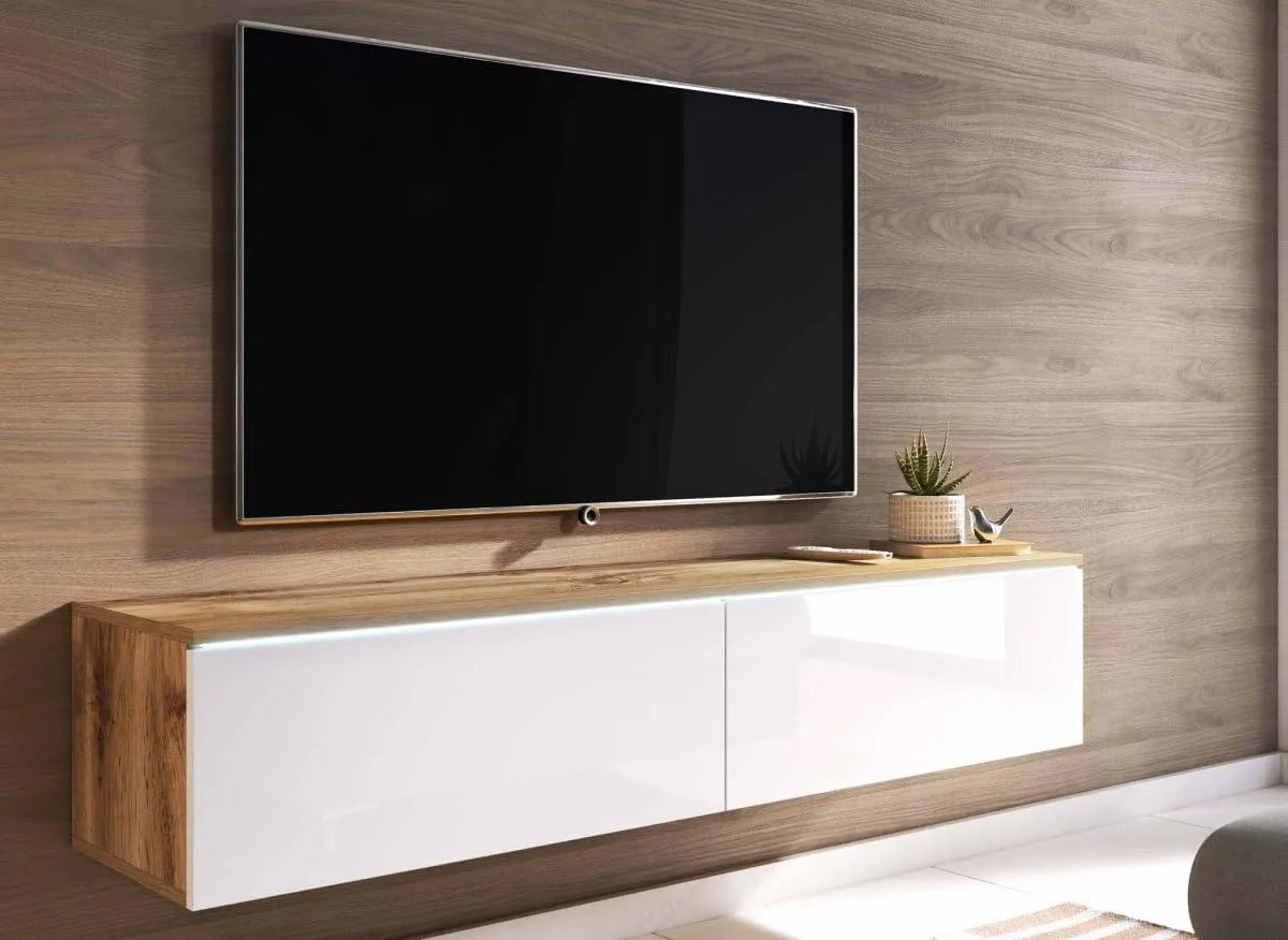 Meuble TV Moderne en Chêne et Blanc Laqué avec LED, 2 Portes, 140 cm