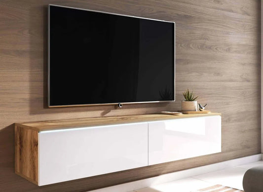 Meuble TV Moderne en Chêne et Blanc Laqué avec LED, 2 Portes, 140 cm
