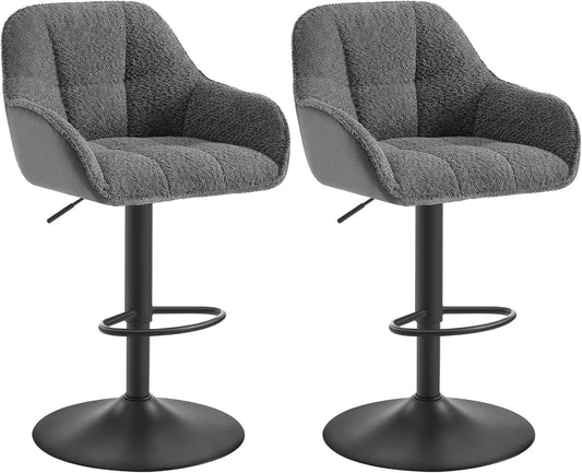 Lot de 2 Tabourets de Bar WOLTU, Hauteur Ajustable, Siège Pivotant Rembourré avec Dossier, Repose-Pieds, Chenille et Velours Côtelé, Gris Foncé