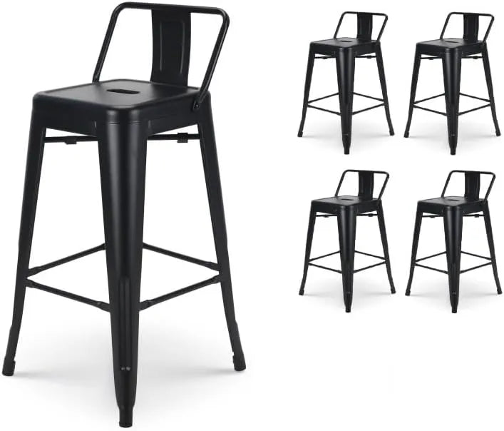 Ensemble de 4 tabourets de bar industriels noirs avec dossier, hauteur 66 cm