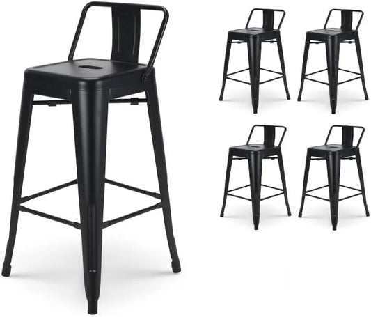 Ensemble de 4 tabourets de bar industriels noirs avec dossier, hauteur 66 cm