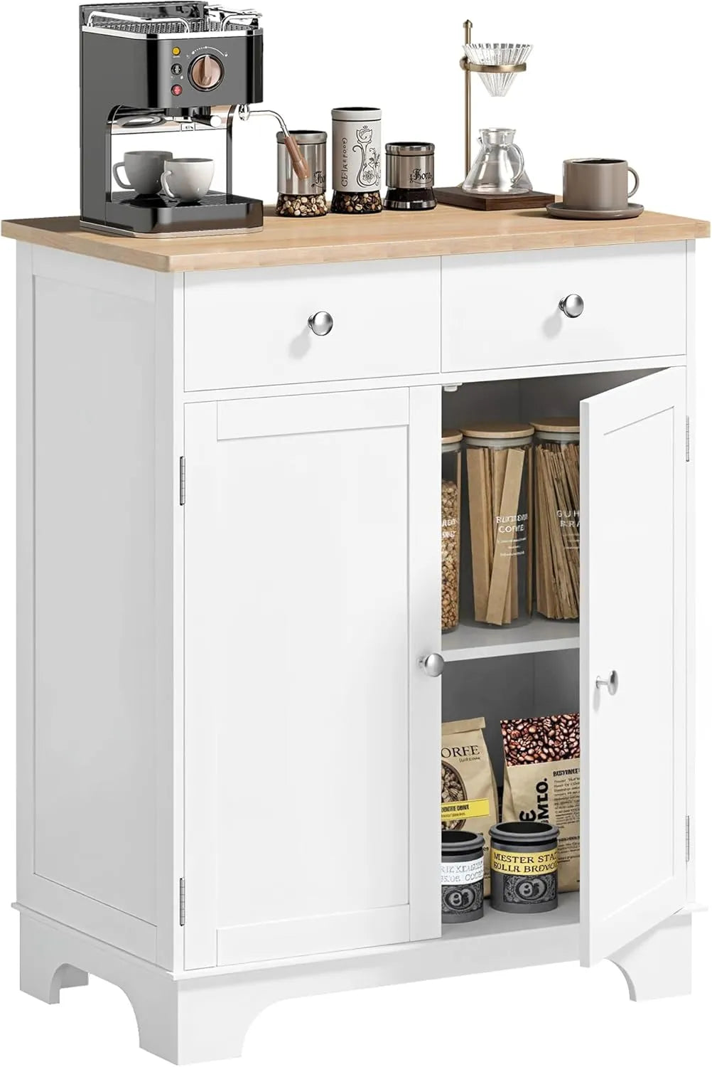 Buffet de Rangement HOMCOM avec Portes et Tiroirs, Étagère Réglable, Blanc et Bois Naturel