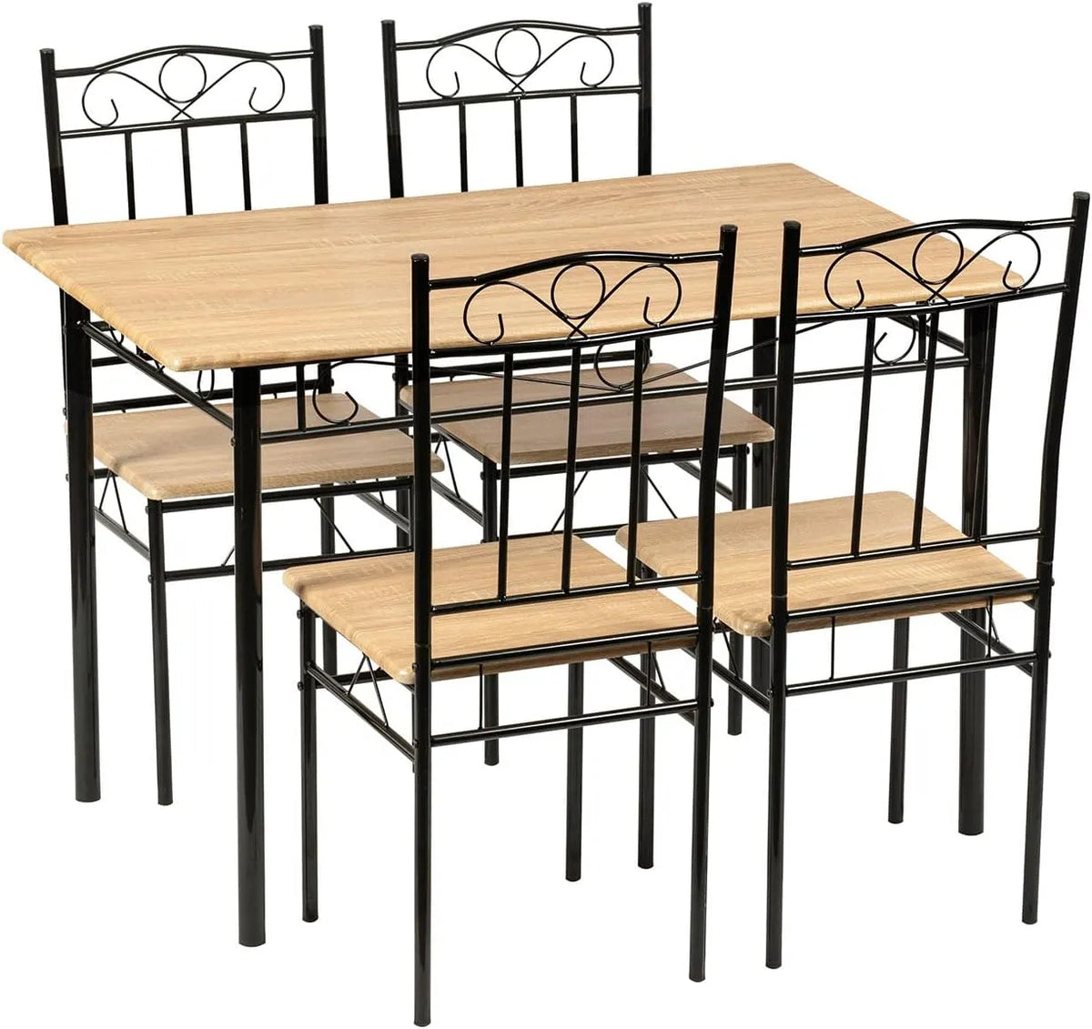 Set de Table avec 4 Chaises, Bois de Hêtre et Métal Noir, pour Salle à Manger et Cuisine