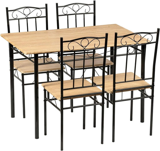Set de Table avec 4 Chaises, Bois de Hêtre et Métal Noir, pour Salle à Manger et Cuisine