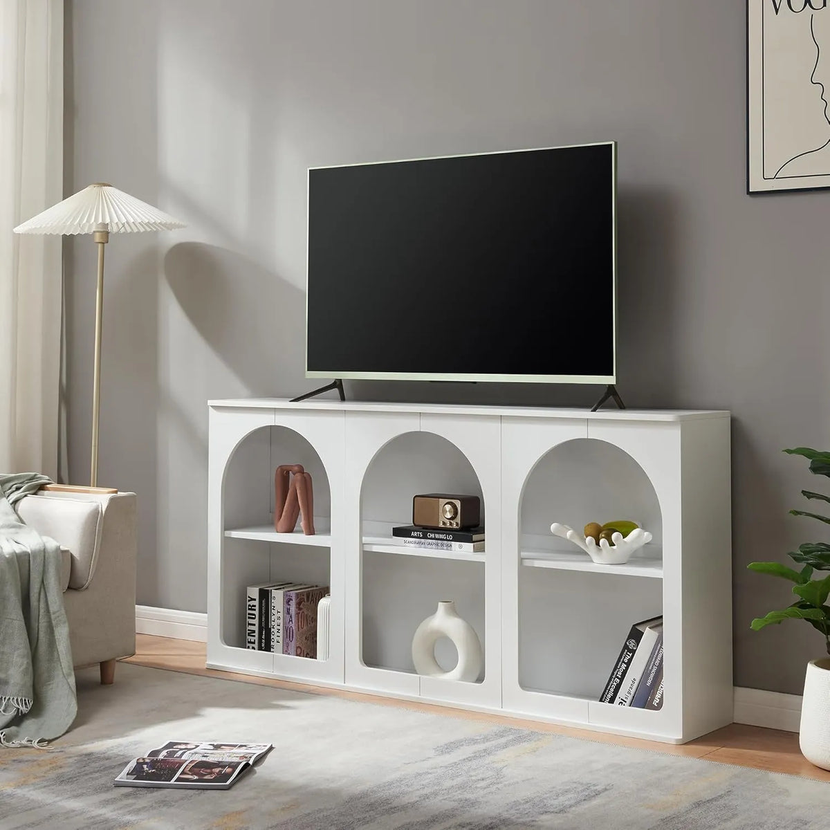 Buffet Moderne Blanc avec Compartiments Ouverts et Design Décoratif pour Salon