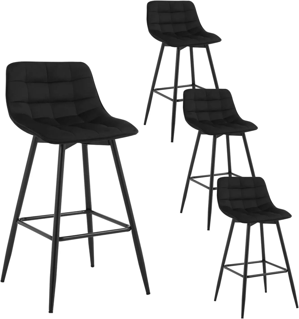 Lot de 4 Tabourets de Bar en Velours avec Pieds Métalliques et Repose-Pieds, Noir
