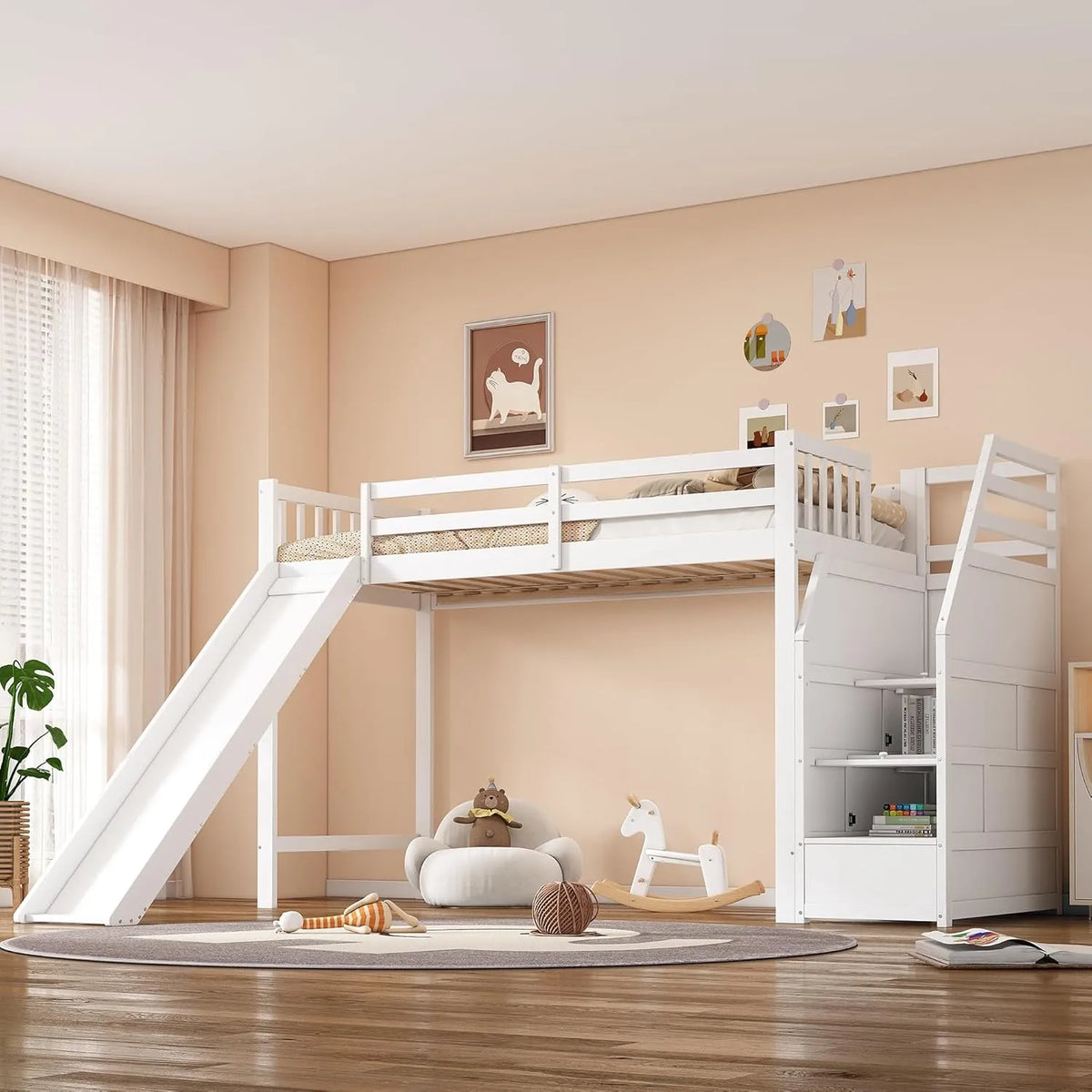 Lit mezzanine enfant 90x200 cm avec toboggan et rangement échelle, blanc, conforme EN747, sans matelas