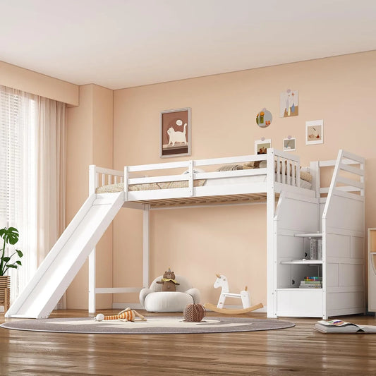 Lit mezzanine enfant 90x200 cm avec toboggan et rangement échelle, blanc, conforme EN747, sans matelas