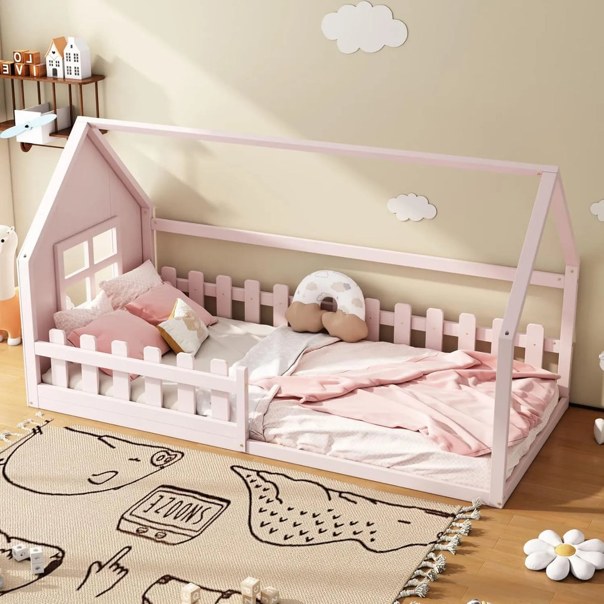 Lit Montessori Enfant 90x200cm avec Barrières Sécurisées et Design Cabane en Pin - Bicolore Rose