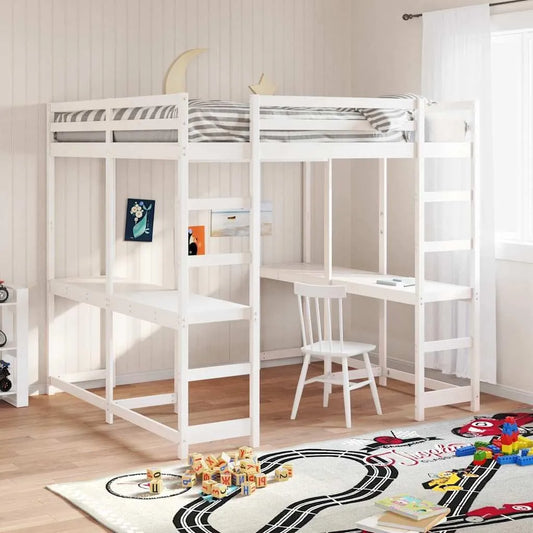 Lit mezzanine blanc avec bureau intégré en pin massif 160x200 cm pour adolescents