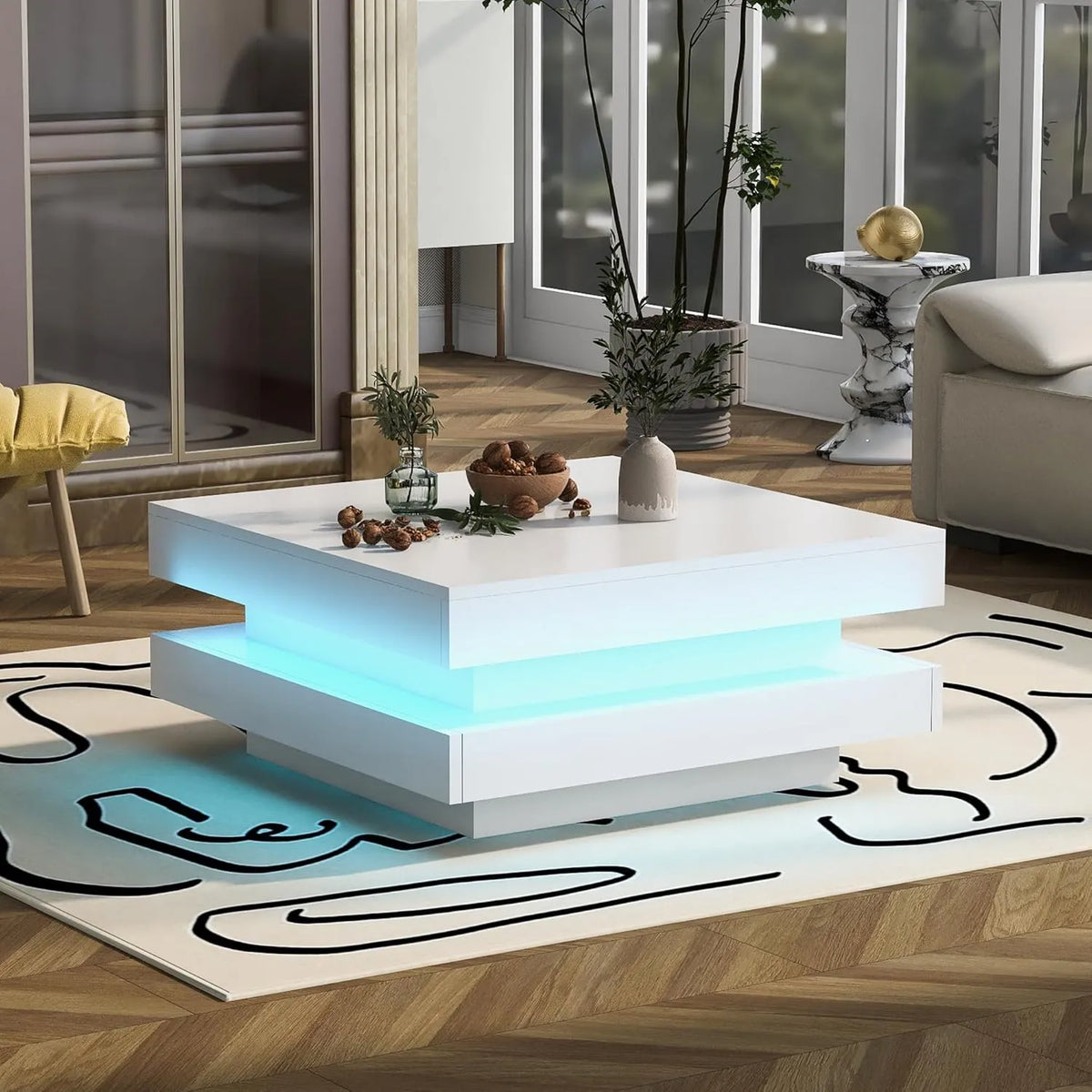 Table Basse Moderne Blanche avec LED et Contrôle d'Applications, Charge Maximale 30kg, 70x70x36 cm