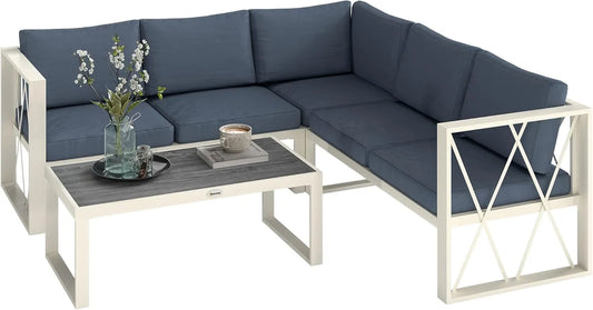 Ensemble de Salon de Jardin Modulable 4 Pièces avec Canapés et Table Basse en Résine Tressée, Coussins Beige et Gris