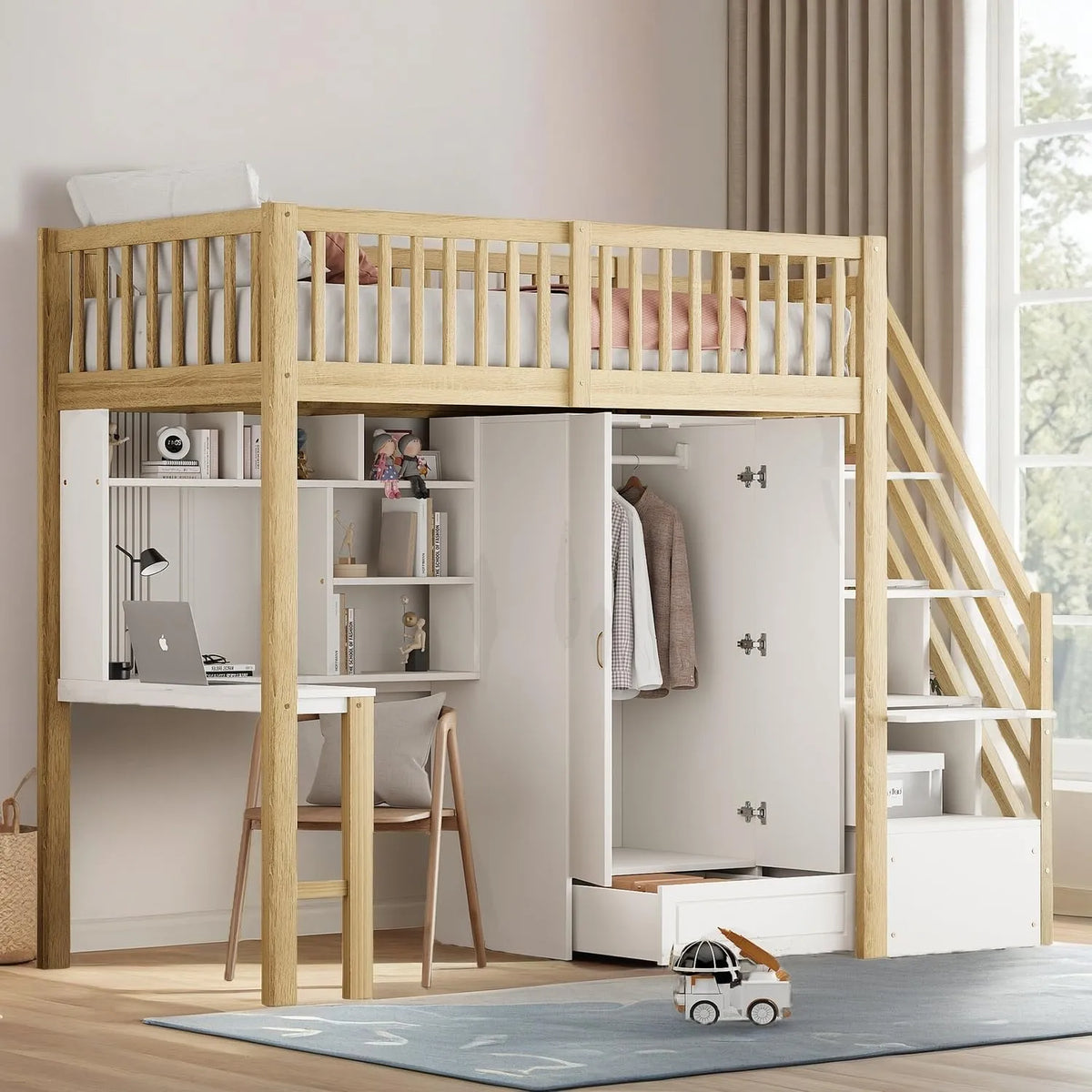 Lit mezzanine enfant 90x200 avec armoire et bureau, lit superposé sécurisé, escalier avec rangements, bois blanc