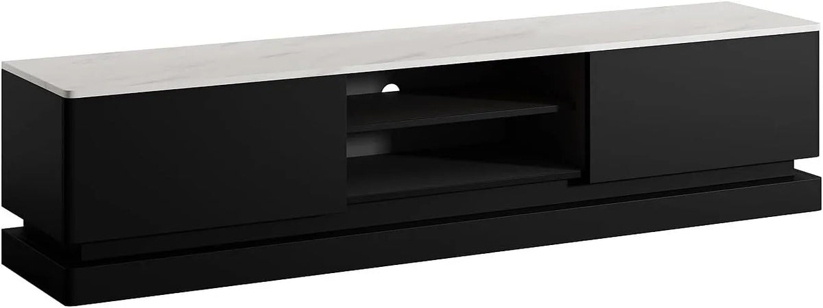Meuble TV avec LED, 2 tiroirs et niches - Noir et Marbre Blanc