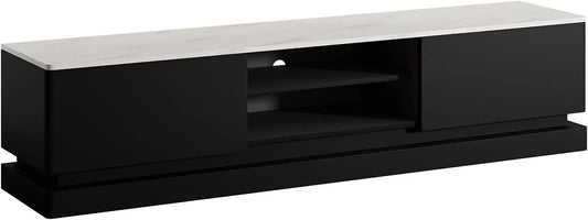 Meuble TV avec LED, 2 tiroirs et niches - Noir et Marbre Blanc