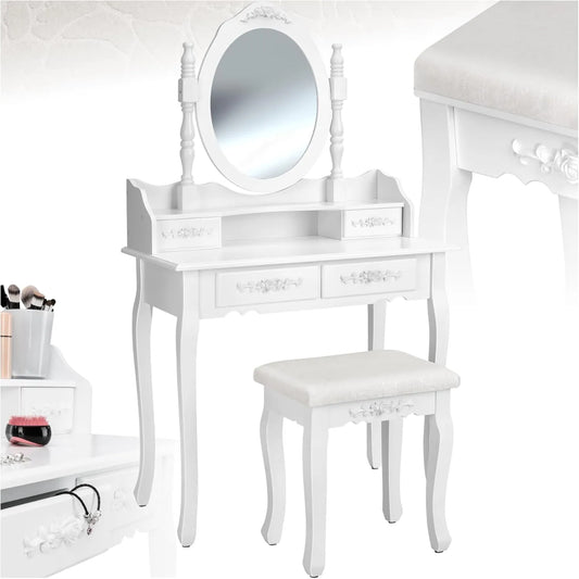 Table de Maquillage avec Miroir et Tabouret, Coiffeuse en Bois Blanc avec 4 Tiroirs