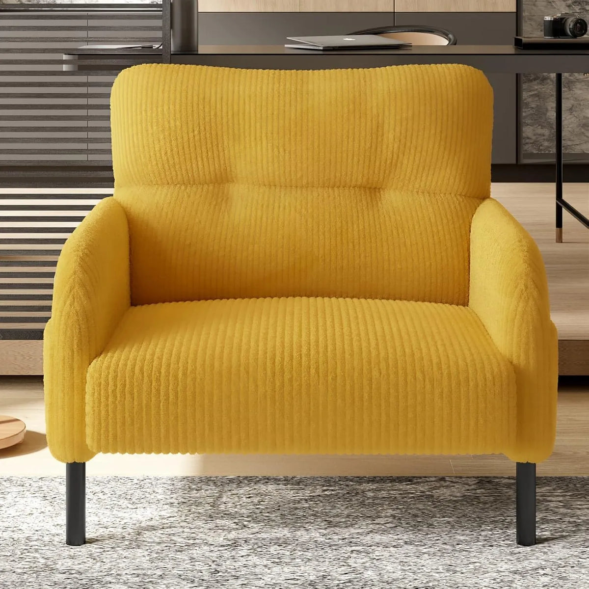 Fauteuil Moderne en Velours Côtelé Jaune avec Dossier Haut et Poches Multiples