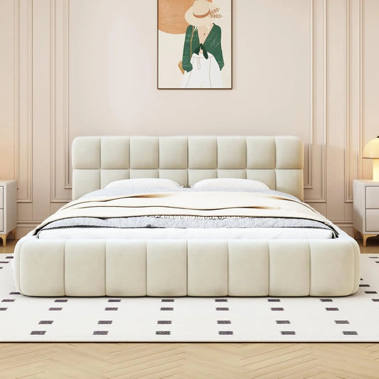 Lit Double en Lin Beige 140x200 cm avec Tête de Lit Moelleuse et Sommier à Lattes