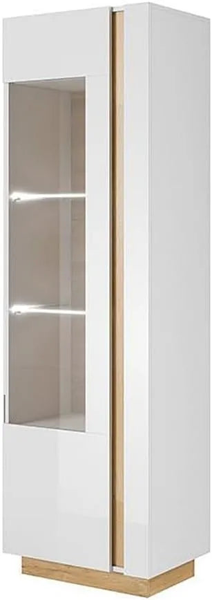 Vitrine MURARI avec Éclairage LED et Porte Unique - Blanc Brillant et Chêne