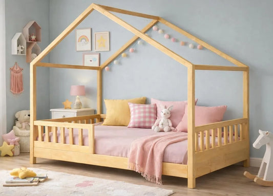 Lit Enfant en Bois Maison 90x190 avec Barrières de Sécurité et Sommier