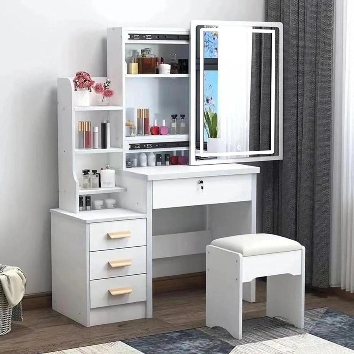 Table de Maquillage Moderne avec Miroir Éclairé et Tabouret - 4 Tiroirs et 6 Étagères - Blanc